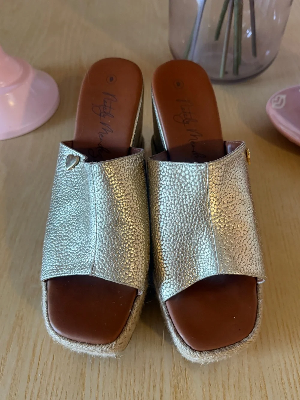 Nataly Mendez Gold Wedge Espadrille Slide - Women's Metallic Platform Mule